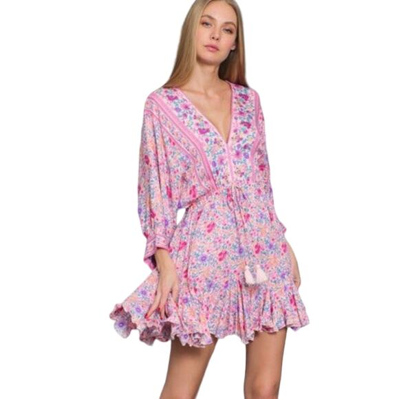 NWOT AAKAA Dress L Floral Pink V Bow-Tassel Balloon1/2-Slv Flounce-Hem Fit&Flare